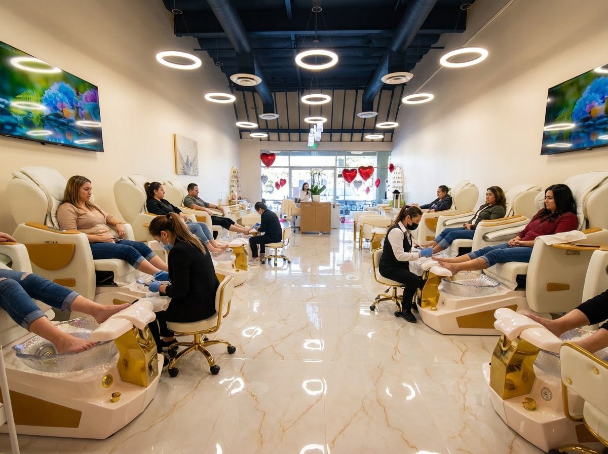 Modern nail salon with women receiving pedicures at individual stations with cream-colored pedicure chairs